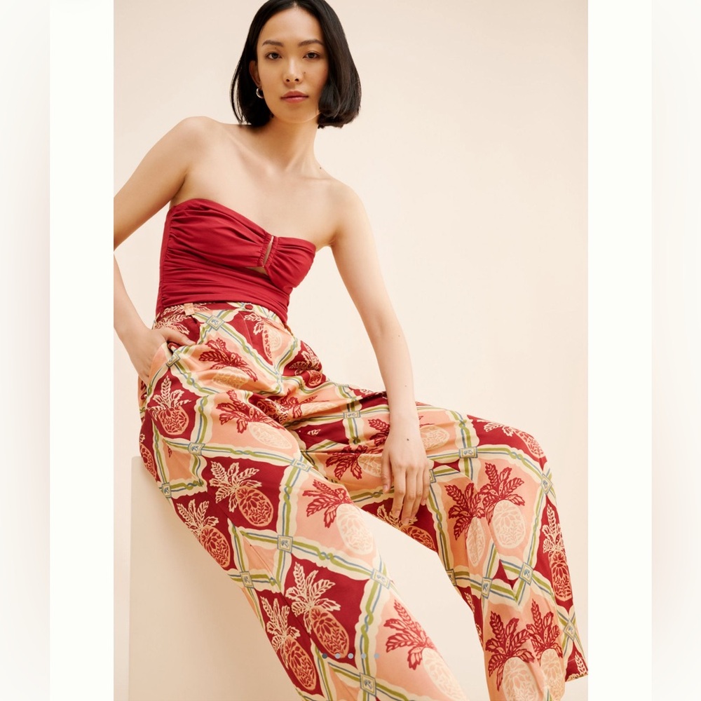 FARM Rio Red Strapless Top with Patterned Wide-Leg Pants